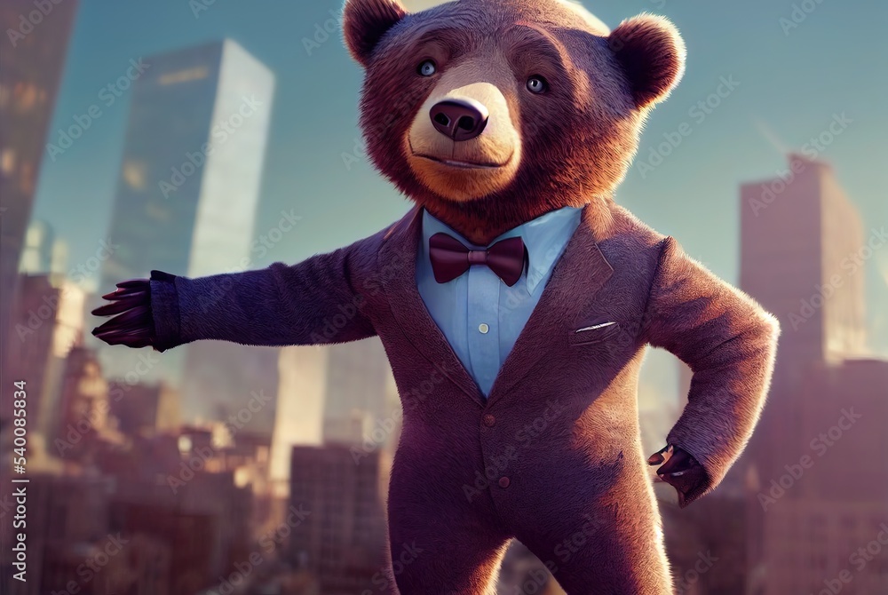 3D rendered Wall Street Bear with cute kawaii look like modern