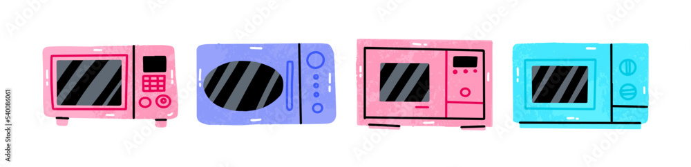 Obraz premium Hand draw bright Microwave set. Collection of microwaves. Flat vector illustration.Fast cooking concept. Isolated on white background