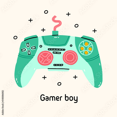 Old vintage retro game console electronic, cute funny vector illustration. Green console with buttons. 90s video game console digital pocket game. Kawaii hand draw illustration.