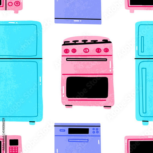 Hand drawn illustration cooking tools. Actual vector drawing. Kitchen seamless pattern.Kitchen furniture in cartoon style. Fridge, gas stove,
dishwasher