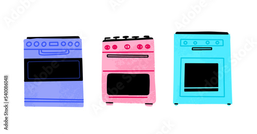 Set оf bright pastel electric cookers is isolated on a white background. Vector drawing in cartoon and line style. Different sizes of cookers. 