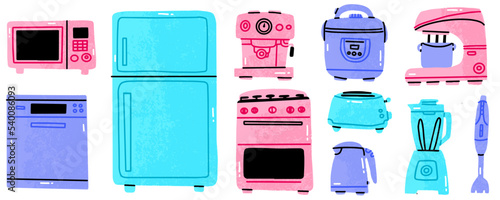 Vector illustration of kitchen electrical appliances. Kitchen furniture in cartoon style. Isolated on a white background. Refrigerator, oven, toaster, microwave oven, kettle, multicooker