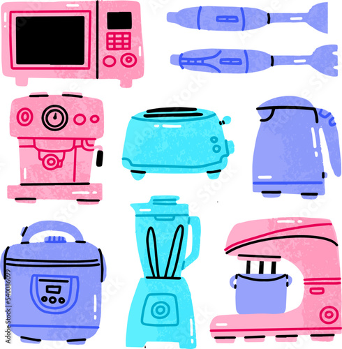 Vector illustration of kitchen electrical appliances. Kitchen furniture in cartoon style. isolated on a white background. microwave, coffee machine, multicooker, toaster, kettle, mixer