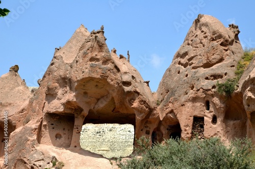 bizarre rock formation with plants and meadows in "Zelve open air museum", Cappadocia turkey