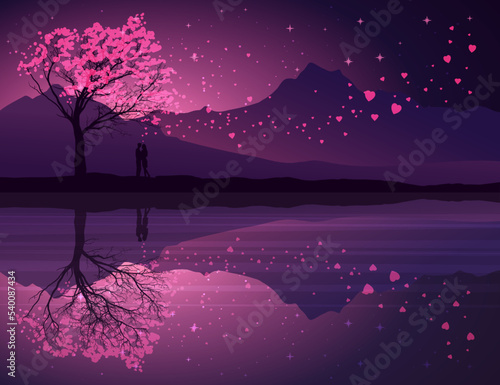 Valentines Day greeting card, banner. Romantic illustration of lovers dating at lake under the stars. Place for text. Happy Valentine's day sale header or voucher template with hearts