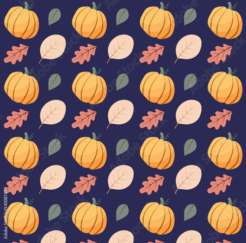 Dark autumn seamless pattern. Autumn decorative seamless pattern with pumpkins and botanicals.