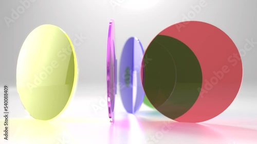 Colorful colored lenses rotate on a white background. 3d animation