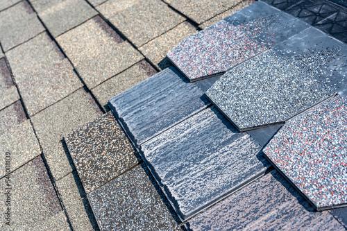 Assorted selection of premium synthetic roof shingles to pick a new style.