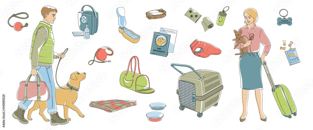 Women with small dog and valise, man walking with big dog and travel bag, set elements about travel with pet, clothes, biscuits, carrying bag, portable water bowl, colla, leash, pet passport