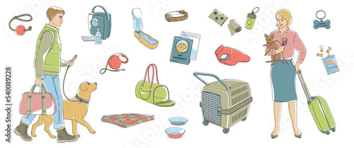 Women with small dog and valise, man walking with big dog and travel bag, set elements about travel with pet, clothes, biscuits, carrying bag, portable water bowl, colla, leash, pet passport