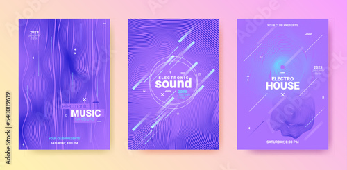Blue Purple Dance Music Flyer. Electronic Party Cover. Vector 3d Background. Gradient Distort Waves. Dance Music Flyer Set. Geometric Fest Illustration. Techno Sound Poster. Dance Music Flyer.