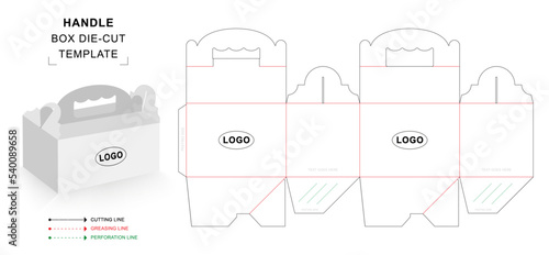 Handle box die cut template with crush lock and 3D blank vector mockup for food packaging