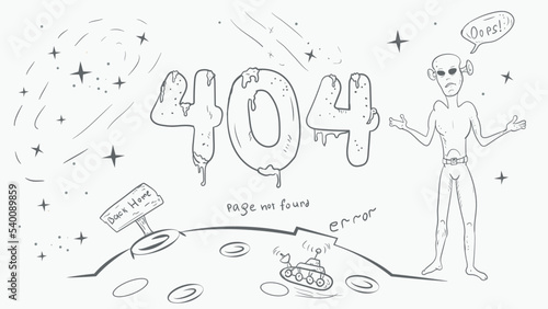 a black and white page for the design of a web application error 404 big numbers an alien throws up his hands without understanding anything drawing in the style of a doodle