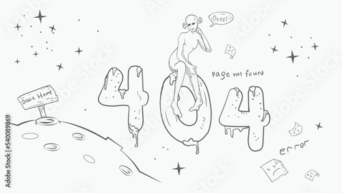 a black and white page for the design of a web application error 404 large digits the alien is sitting at zero drawing in the style of a doodle