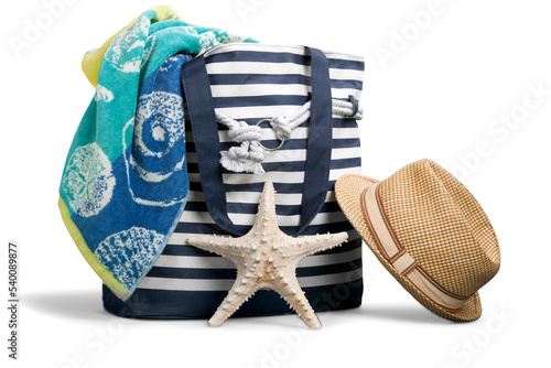 Bilde på lerret Beach bag with beach stuff isolated on white background