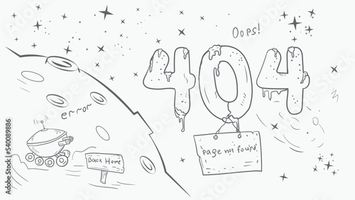 black and white page for the design of the web application error 404 big numbers in space planet and robot doodle style drawing