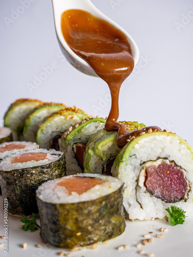 Sweet Japanese Sauce on Tuna Sushi Roll