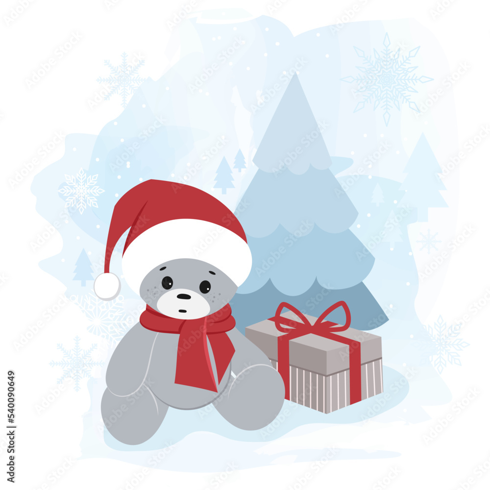 A teddy bear in a Santa Claus hat with a gift near the Christmas tree. Christmas greeting card. Vector A teddy bear in a Santa Claus hat with a gift near the Christmas tree. Christmas greeting card. Vector