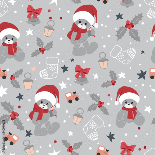 Cute Christmas pattern with teddy bears in Santa hats, Christmas bells and toys Seamless pattern.