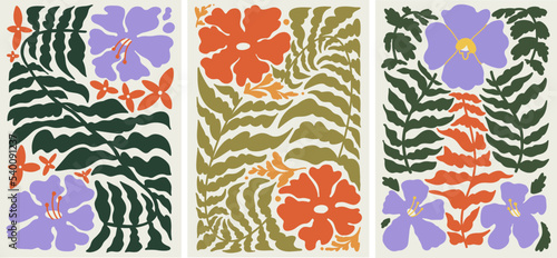 A Set of 3 Abstract Wavy Graceful Vector Floral Illustrations. Combination of Purple and Red Flower with Elegant Leaves. Art Nouveau Inspired Flower Illustration. Hand Drawn Illustration. 