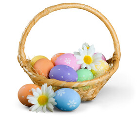 Easter basket filled with colorful eggs on a white background