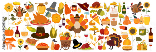 Thanksgiving icons vector big set. Autumn illustration elements colorful