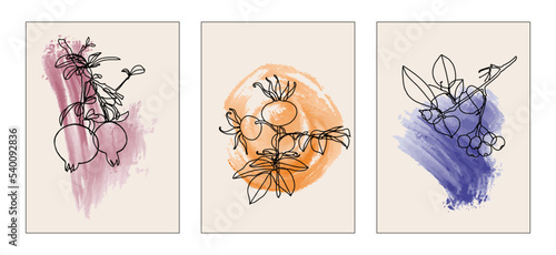 Abstract foliage for cards, covers, wall art or posters, living room and office decor. Pastel colors backgrounds. Set of 3 hand drawing vector illustrations. Brush stroke on background.