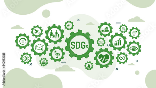 Environmental technology concept.Icon of sustainable development goals, SDGs wheel illustration. On green background. Corporate social responsibility. Sustainable Development for a better world