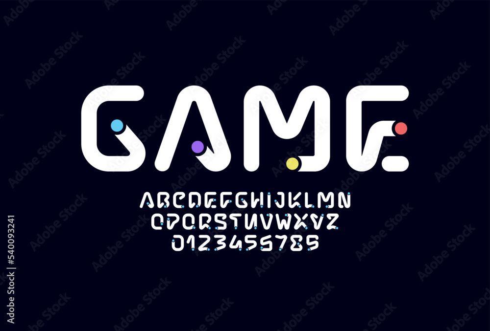 Fototapeta premium Technical high font, space alphabet, uppercase Latin letters from A to Z and Arab numbers from 0 to 9