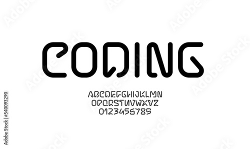 Technical font, digital modern alphabet, uppercase Latin letters from A to Z and Arab numbers from 0 to 9 for you designs, vector illustration 10EPS