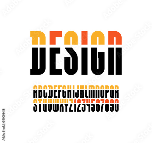 Futuristic font, stencil alphabet, colored condensed letters and numbers