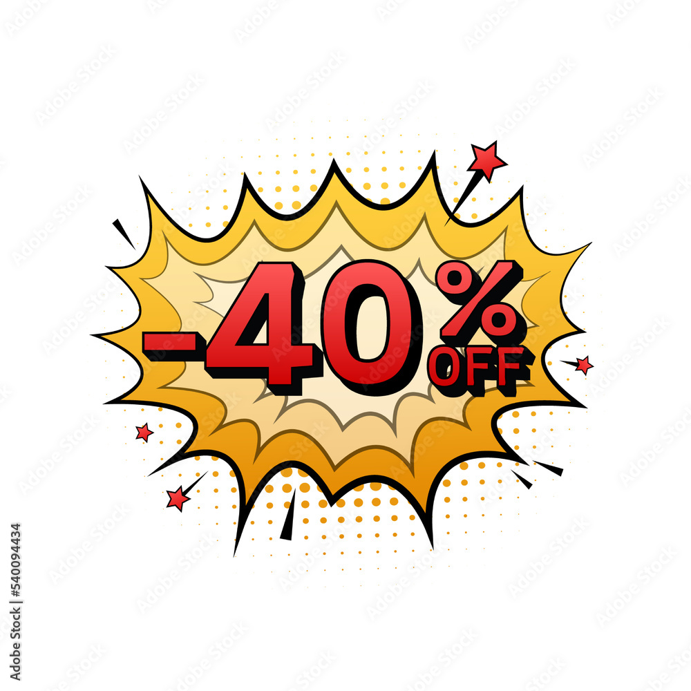 Comic speech bubbles with 40 percent OFF Sale Discount . Neon itch icon. Symbol, sticker tag, special offer label, advertising badge. Vector stock illustration Comic speech bubbles with 40 percent OFF Sale Discount . Neon itch icon. Symbol, sticker tag, special offer label, advertising badge. Vector stock illustration