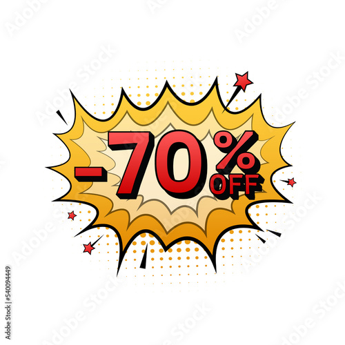 Comic speech bubbles with 70 percent OFF Sale Discount . Neon itch icon. Symbol, sticker tag, special offer label, advertising badge. Vector stock illustration