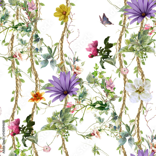 Watercolor painting of leaf and flowers, seamless pattern on white background