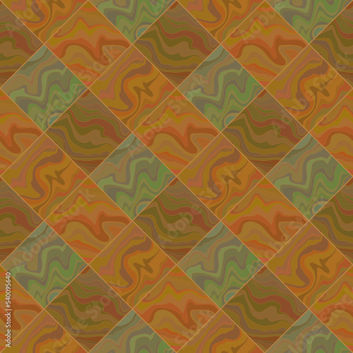 Wooden parquet geometric seamless pattern. Diamond, rhombus, square brown, orange, green tiles with wavy fluid liquid texture