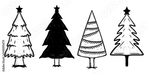Christmas tree Collection set Doodle Illustration cartoon sketch for tattoo, stickers, etc