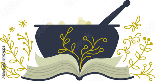 Magic spells book with cauldron decorated by flowers in doodle style. Vector isolated color illustration in flat style.