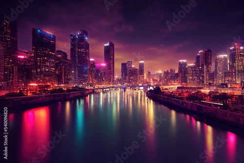 Night city skyline with neon lights and a reflective lake