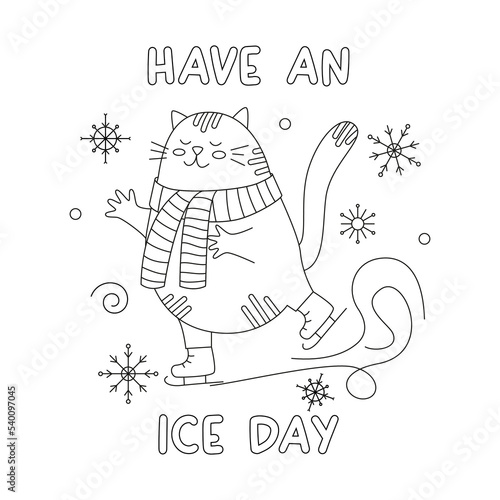 Winter cat coloring page for children and adults. Black and white linear vector illustration. A cute cat in a winter scarf is skating, symbol of the year. Expanded stroke. Have an ice day.