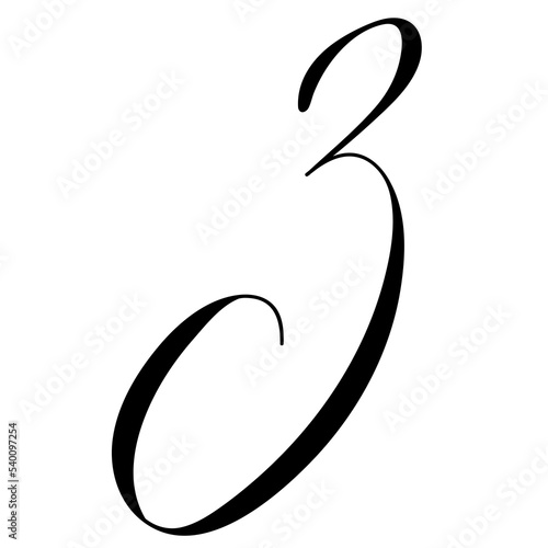 Hand drawn copperplate spenserian wedding lettering "3" number. Typography for wedding cards, scrapbooking and invitations