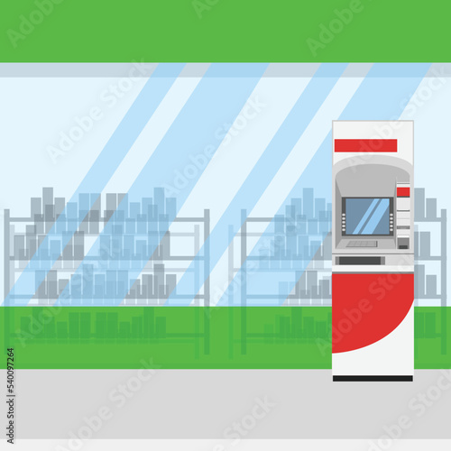 ATM machine on a glass book store background