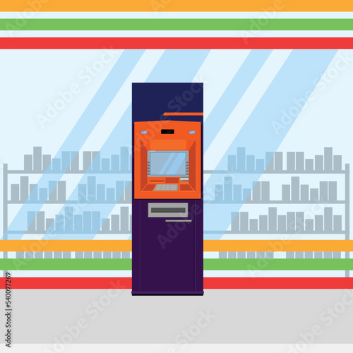 ATM machine on a glass book store background
