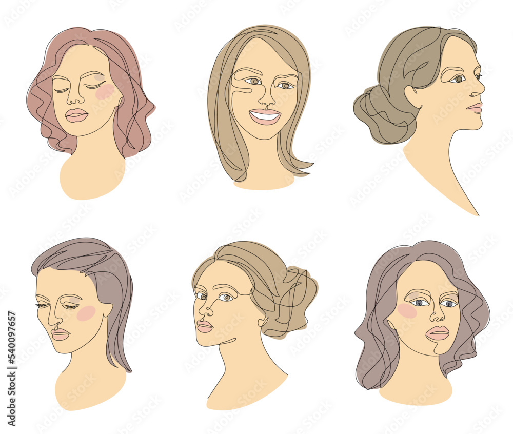 Collection. Girl head silhouettes. Female face in modern single line style. Continuous line drawing, decor aesthetic outline, posters, stickers, logo. Vector illustration set. Collection. Girl head silhouettes. Female face in modern single line style. Continuous line drawing, decor aesthetic outline, posters, stickers, logo. Vector illustration set.
