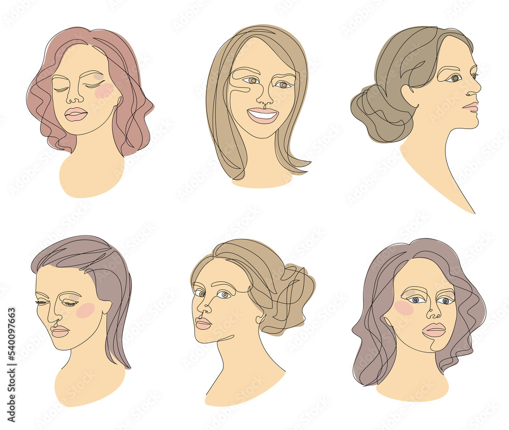 Collection. Girl head silhouettes. Female face in modern single line style. Continuous line drawing, decor aesthetic outline, posters, stickers, logo. Vector illustration set. Collection. Girl head silhouettes. Female face in modern single line style. Continuous line drawing, decor aesthetic outline, posters, stickers, logo. Vector illustration set.