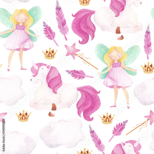 Soft watercolor magic girlish pattern wirh fairy, unicorns, crowns and magic wands. Gentle pastel elements