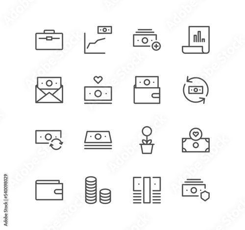 Set of money savings and finance icons, money, coin, stack, safe, growth, graph and linear variety vectors.