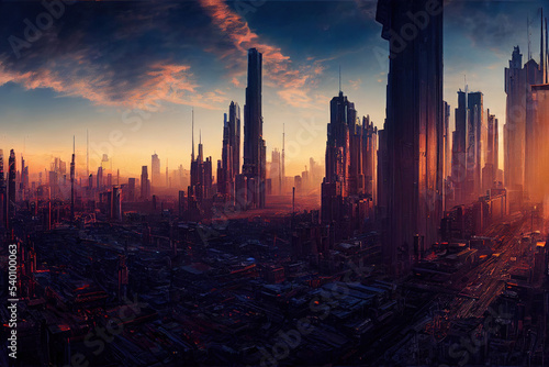 Cyberpunk city panorama, futuristic, concept art illustration © vvalentine