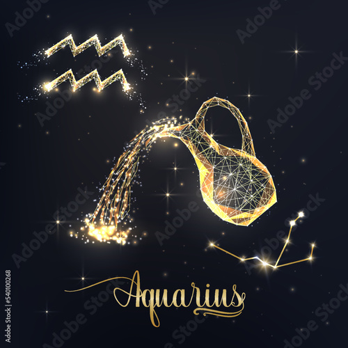 Gold Aquarius zodiac sign poster with jug zodiac figure, symbol glyph, constellation and zodiac name