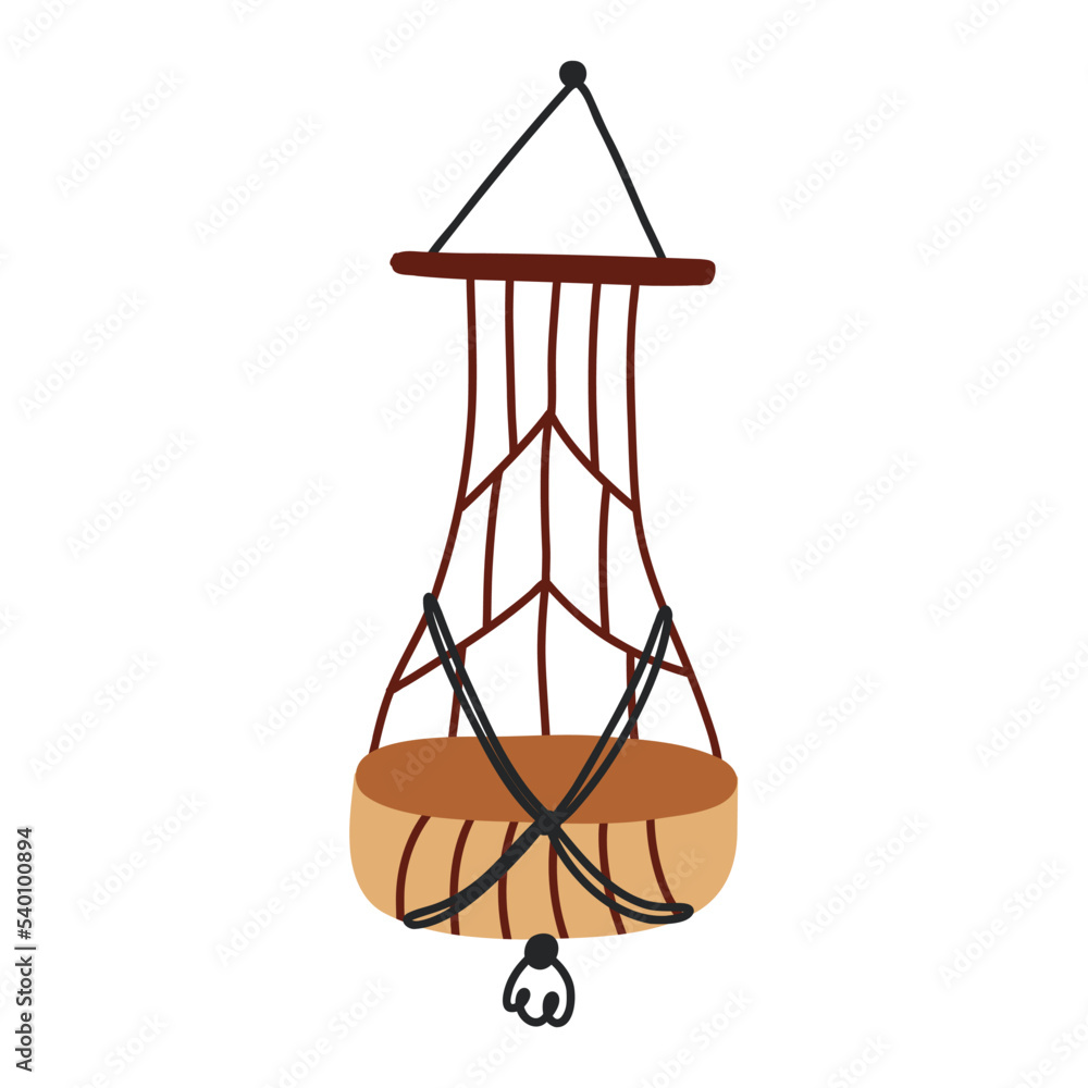 Wooden wicker crib suspended swing for a newborn baby. Boho Baby Nursery Scandinavian Neutral Decor Element. Baby Shower Minimalist Clipart for Newborn