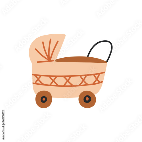 Wooden wicker crib stroller for a newborn baby. Boho Baby Nursery Scandinavian Neutral Decor Element. Baby Shower Minimalist Clipart for Newborn